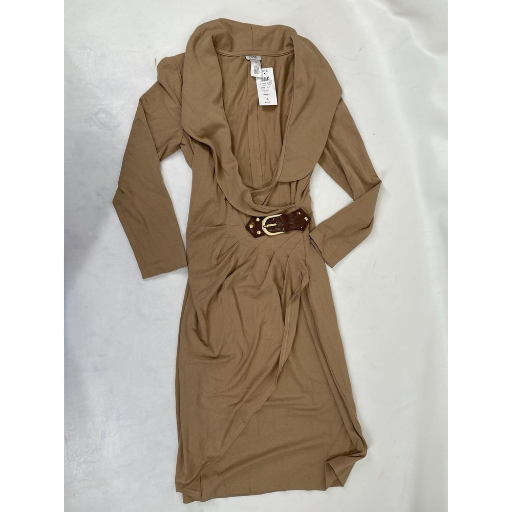 Cache Faux Wrap Long Sleeve Knee Length Dress Women Size S Brown USA Vintage NWT
